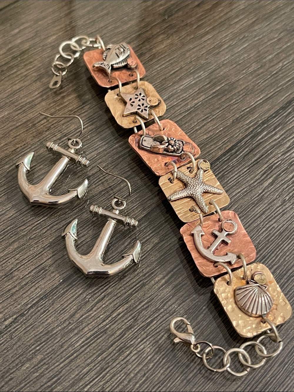 Vintage Mixed Metal Nautical Charm Link Bracelet & Anchor Earrings 8 1/8” approx